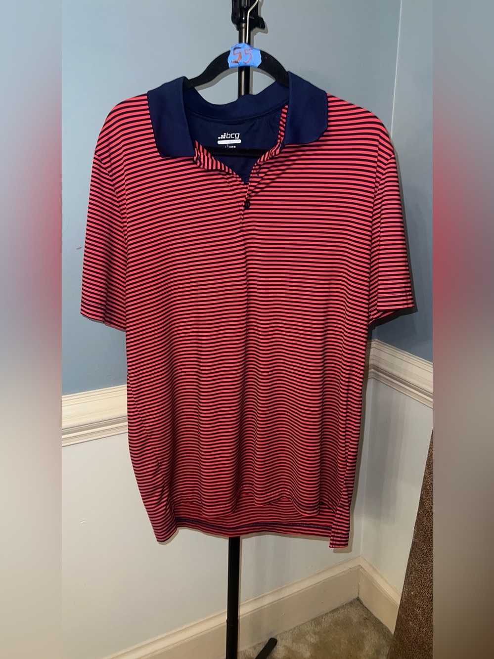 bcg Pink and Navy Striped Performance Polo